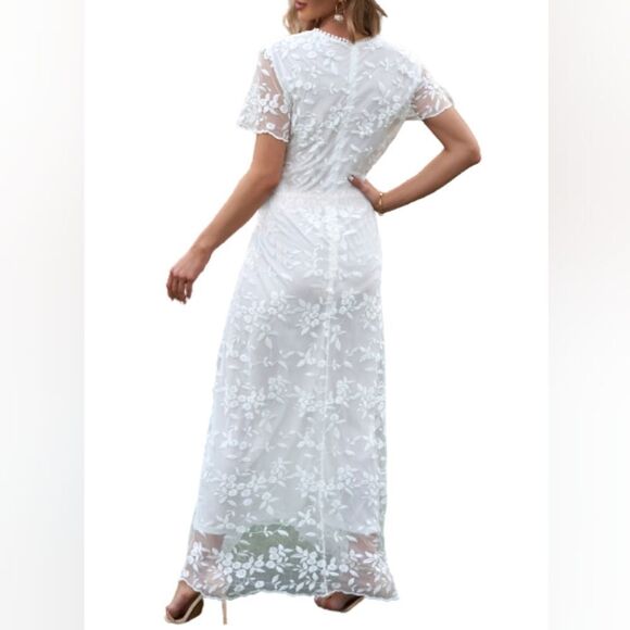 Romantic Embroidered Lace Tulle Maxi Summer Country Wedding Dress - Picture 8 of 10